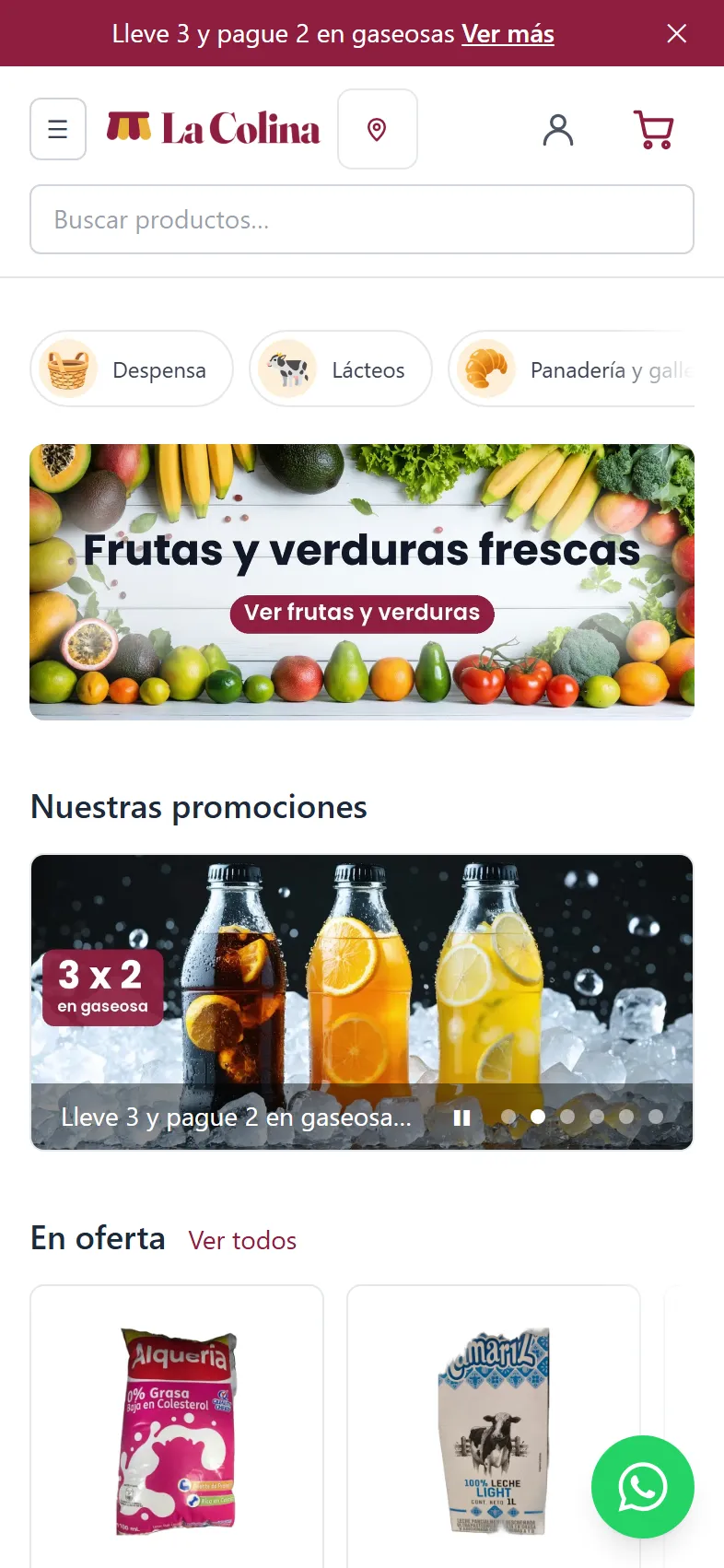 La tienda en línea de la demostración de MACELLUM en un celular, con la marca del supermercado, sus categorías y sus promociones